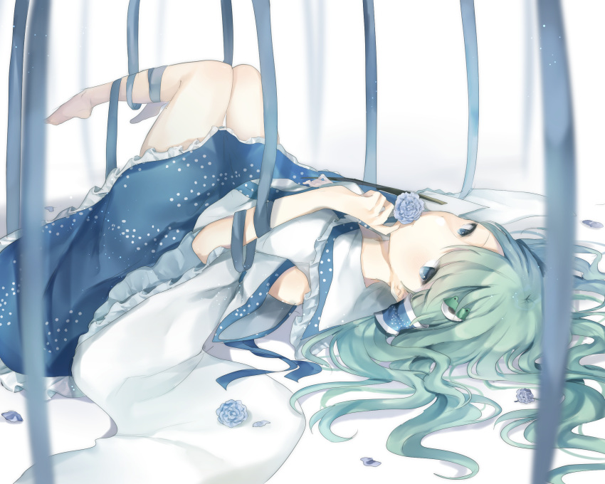 1girl bare_shoulders blue_eyes blue_flower blue_skirt collar detached_sleeves flower frills gohei green_hair holding_a_flower indoors kochiya_sanae looking_at_viewer lying lying_down miko nontraditional_miko petal petals raised_legs ribbon ruo_ruomi skirt touhou vest white_vest