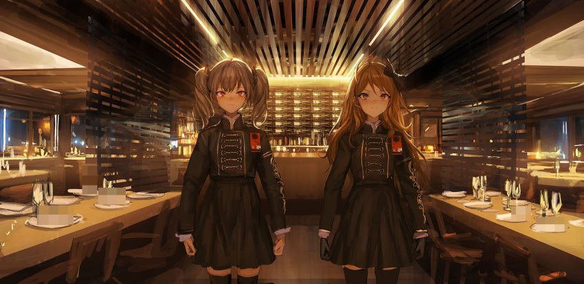 2girls arms_at_sides bangs black_bow black_legwear black_skirt blinds bow brown_eyes brown_hair censored closed_mouth cowboy_shot double-breasted expressionless eyebrows_visible_through_hair grey_hair hair_bow high-waist_skirt indoors lm7_(op-center) long_hair looking_at_viewer military military_uniform mosaic_censoring multiple_girls original red_eyes restaurant skirt standing thigh-highs twintails uniform wavy_hair zettai_ryouiki