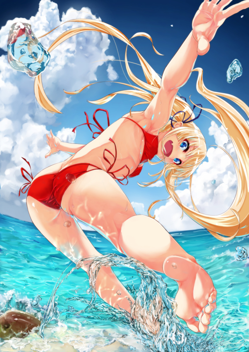 1girl armpits ass bangs barefoot beach bikini blonde_hair blue_eyes bokkusu breasts butt_crack clouds day fang feet from_behind hair_ribbon highres horizon jumping kneepits leaning_forward long_hair looking_at_viewer looking_back ocean open_mouth outdoors outstretched_arms red_bikini ribbon side-tie_bikini sky small_breasts soles solo splashing spread_arms sunlight swimsuit toes twintails very_long_hair water water_drop