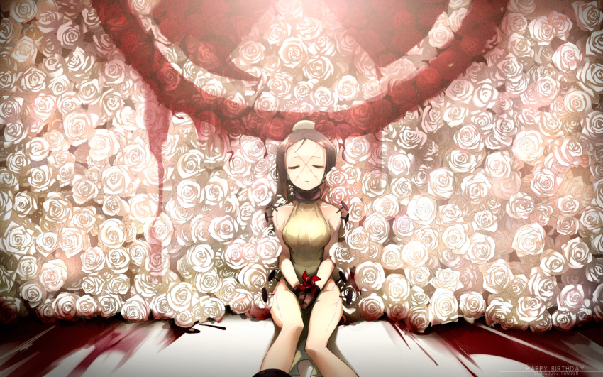 1girl against_wall bangs bare_shoulders blood breasts brown_hair bun_cover carol_(skullgirls) closed_eyes collar flower happy_birthday hospital_gown md5_mismatch medium_breasts nail ng_(kimjae737) painwheel_(skullgirls) parted_bangs pinwheel scar short_hair sitting skullgirls solo stitches too_many_flowers