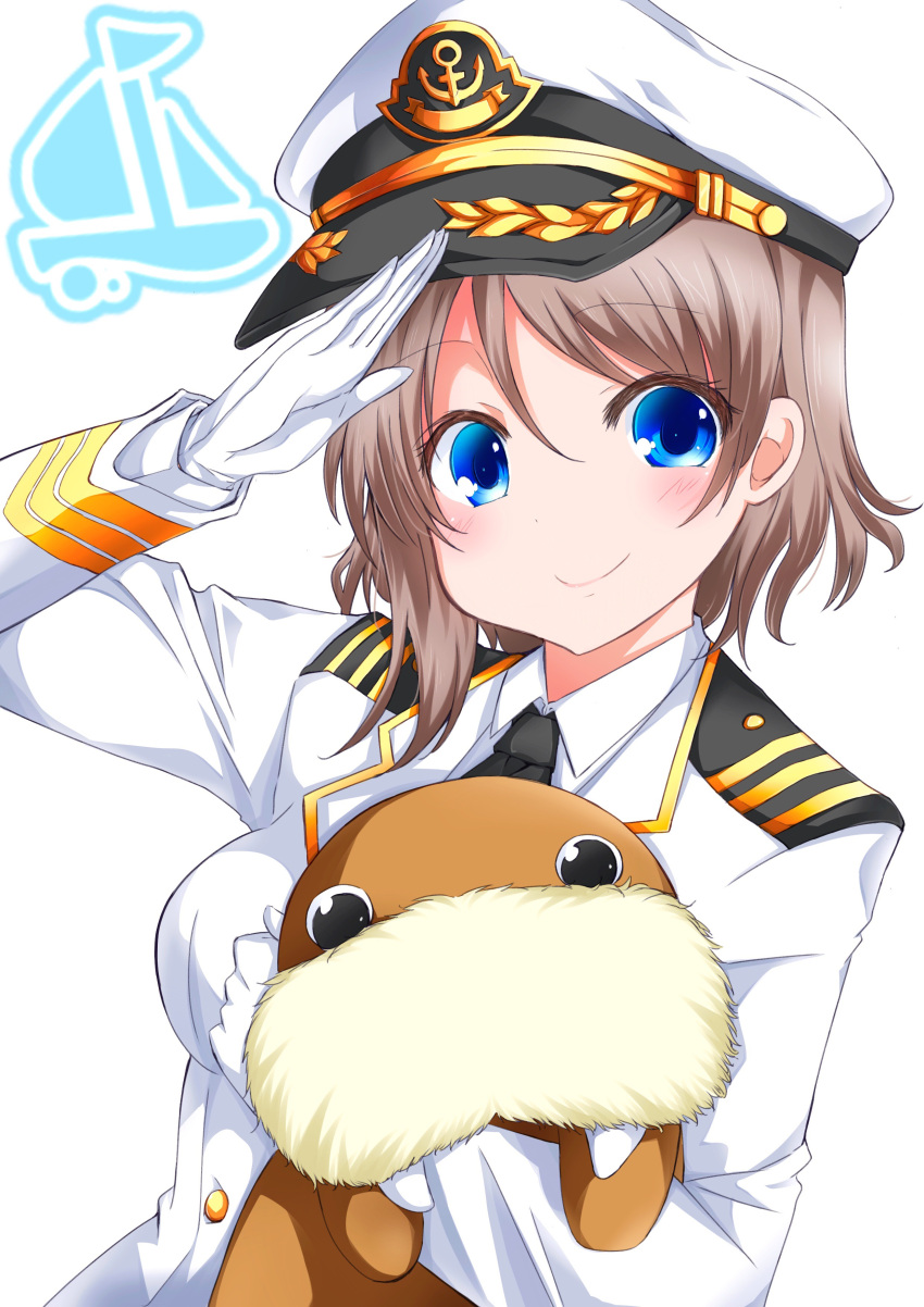 1girl absurdres anchor_symbol blue_eyes blush brown_hair character_doll commentary_request gloves grey_hair hat highres long_sleeves looking_at_viewer love_live! love_live!_sunshine!! military military_uniform naval_uniform peaked_cap salute short_hair smile solo uchicchii uniform upper_body watanabe_you white_background white_gloves zero-theme