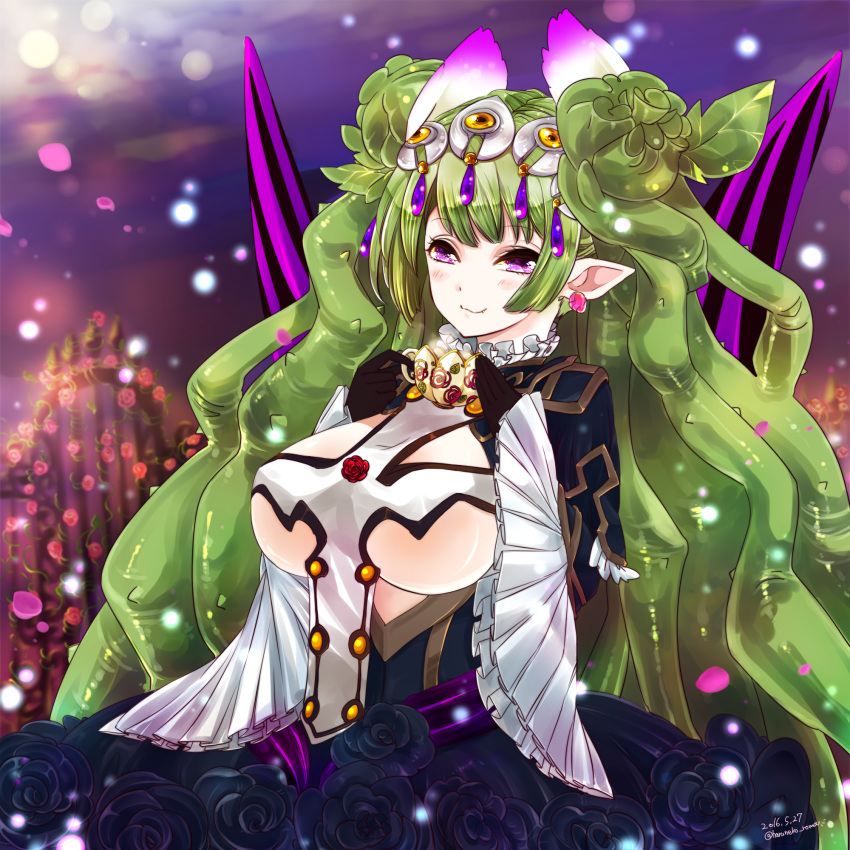1girl :3 blurry breasts cup dated depth_of_field dress earrings fang flower frills gloves green_hair hair_ornament haruneko_roma highres holding holding_cup jewelry large_breasts last_period long_hair meldia_(last_period) pointy_ears revealing_clothes rose smile solo teacup twintails twitter_username very_long_hair victorian violet_eyes wide_sleeves