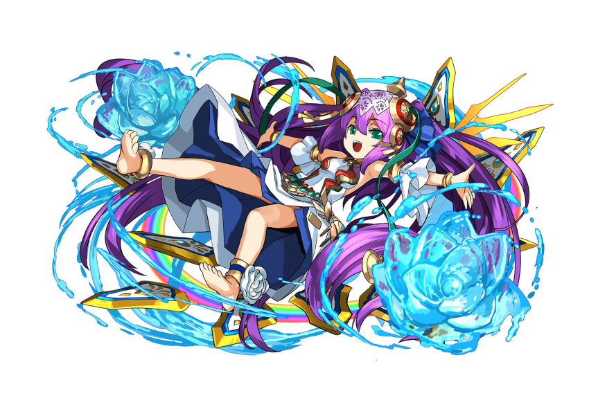 1girl :d adachi_yousuke anklet aqua_eyes bare_shoulders barefoot bracelet detached_sleeves dress_shirt flower full_body highres jewelry lakshmi_(p&amp;d) lotus official_art open_mouth outstretched_arms purple_hair puzzle_&amp;_dragons shirt simple_background smile solo two_side_up white_background