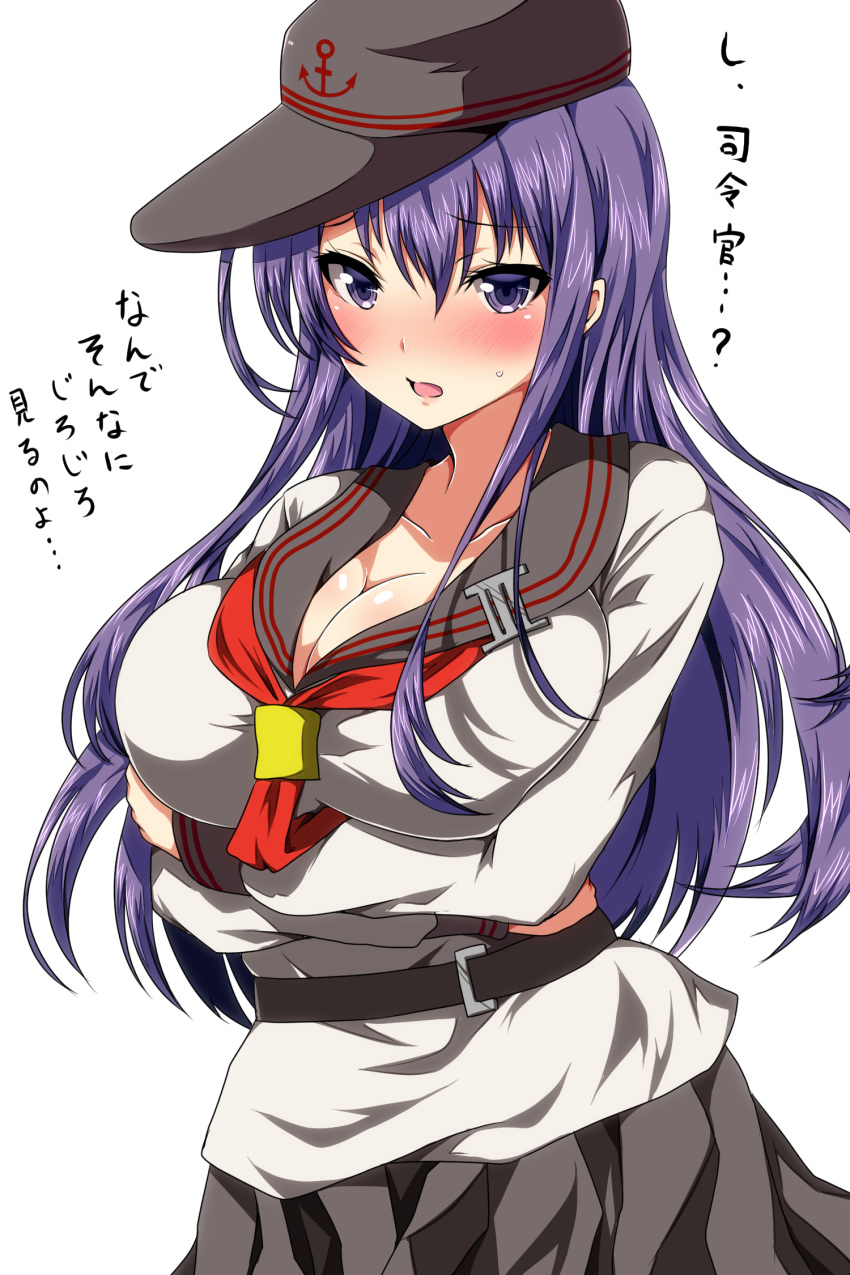 1girl akatsuki_(kantai_collection) alternate_breast_size anchor_symbol ar_(lover_boy) blush breast_squeeze breasts cleavage collarbone commentary_request flat_cap hair_between_eyes hat highres kantai_collection large_breasts long_hair looking_at_viewer neckerchief older open_mouth pleated_skirt purple_hair school_uniform serafuku simple_background skirt solo sweatdrop text translation_request violet_eyes white_background