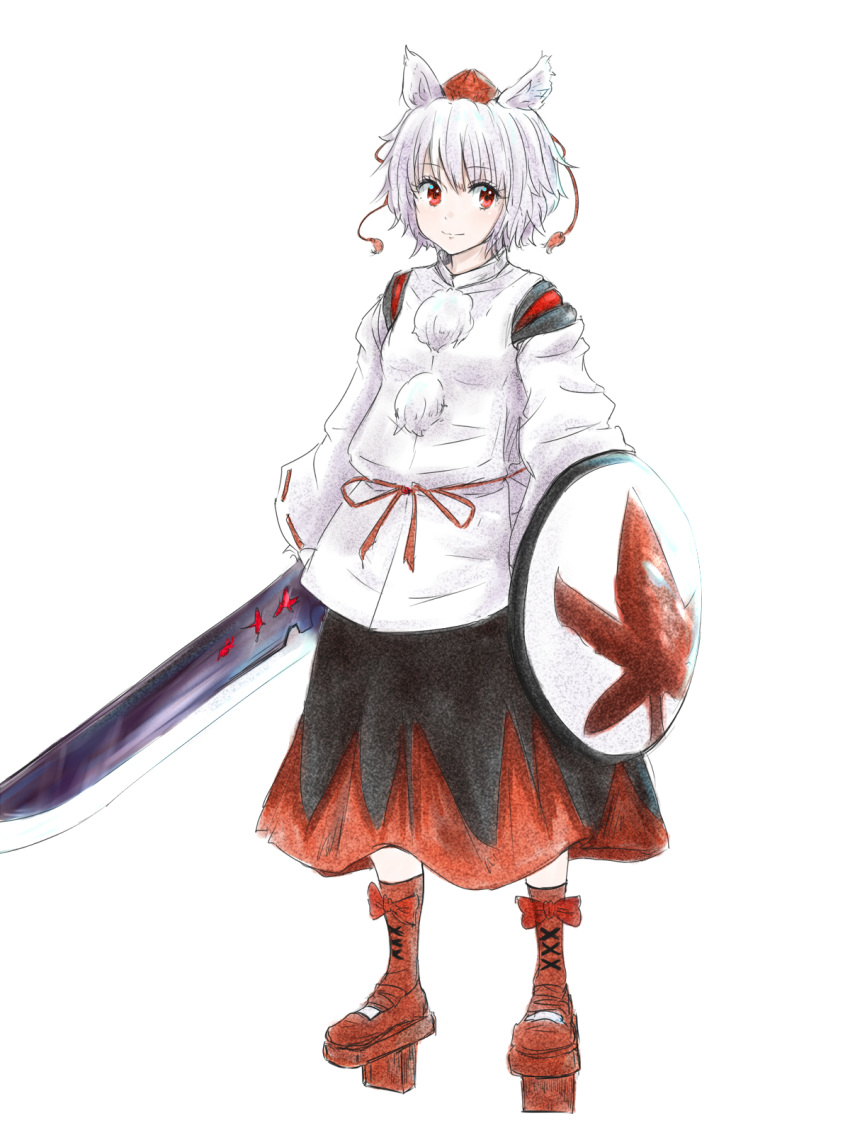 1girl animal_ears bangs black_skirt blush boots bow breasts full_body geta hat highres holding holding_sword holding_weapon inubashiri_momiji kashiwada_kiiho knee_boots pom_pom_(clothes) red_eyes red_shoes reflective_eyes ribbon ribbon-trimmed_sleeves ribbon_trim shield shirt shoe_bow shoes short_hair silver_hair simple_background skirt small_breasts solo sword tengu-geta tokin_hat touhou weapon white_background white_shirt wide_sleeves wolf_ears
