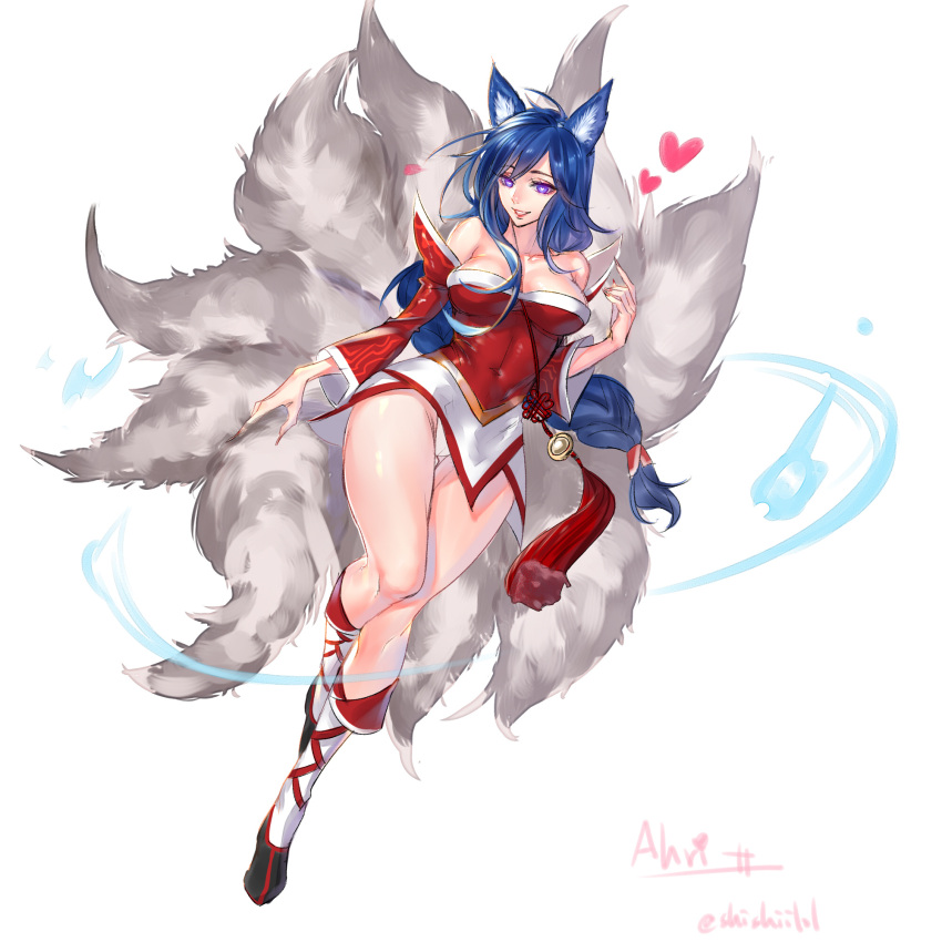 1girl ahri animal_ears artist_name bare_shoulders black_hair breasts character_name cleavage detached_sleeves facial_mark fox_ears fox_tail full_body heart heart-shaped_pupils highres hikarusorano korean_clothes large_breasts league_of_legends lips long_hair multiple_tails panties slit_pupils solo symbol-shaped_pupils tail underwear whisker_markings yellow_eyes