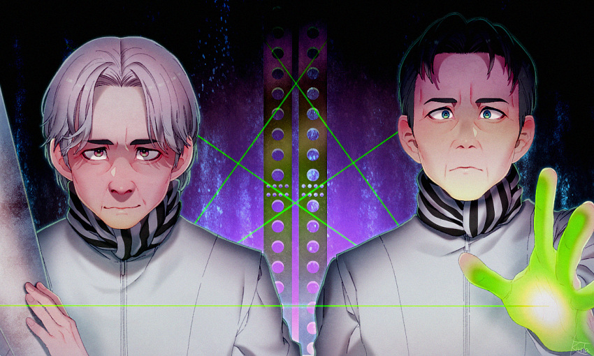 2boys aqua_eyes bags_under_eyes bangs black_hair coat cone digital_dissolve dual_persona fingernails forehead hirasawa_susumu holding kiri_futoshi laser laser_beam light_frown male_focus multicolored multicolored_eyes multiple_boys old_man outstretched_arm outstretched_hand parted_bangs real_life red_eyes sanpaku scarf signature smirk steel_beam striped striped_scarf upper_body white_coat white_hair wig wrinkles zipper