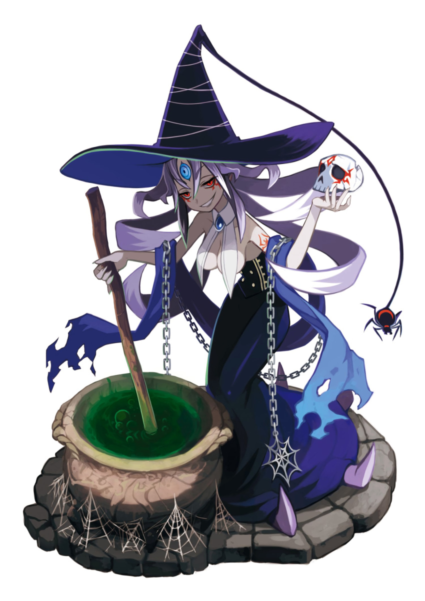 1girl cauldron chains character_request detached_collar grin hanashiro_madoka hat highres lavender_hair long_hair looking_at_viewer majo_to_hyakkihei majo_to_hyakkihei_2 multicolored_hair official_art red_eyes silk skull smile solo spider_tattoo spider_web standing stirring tattoo third_eye two-tone_hair white_hair witch witch_hat