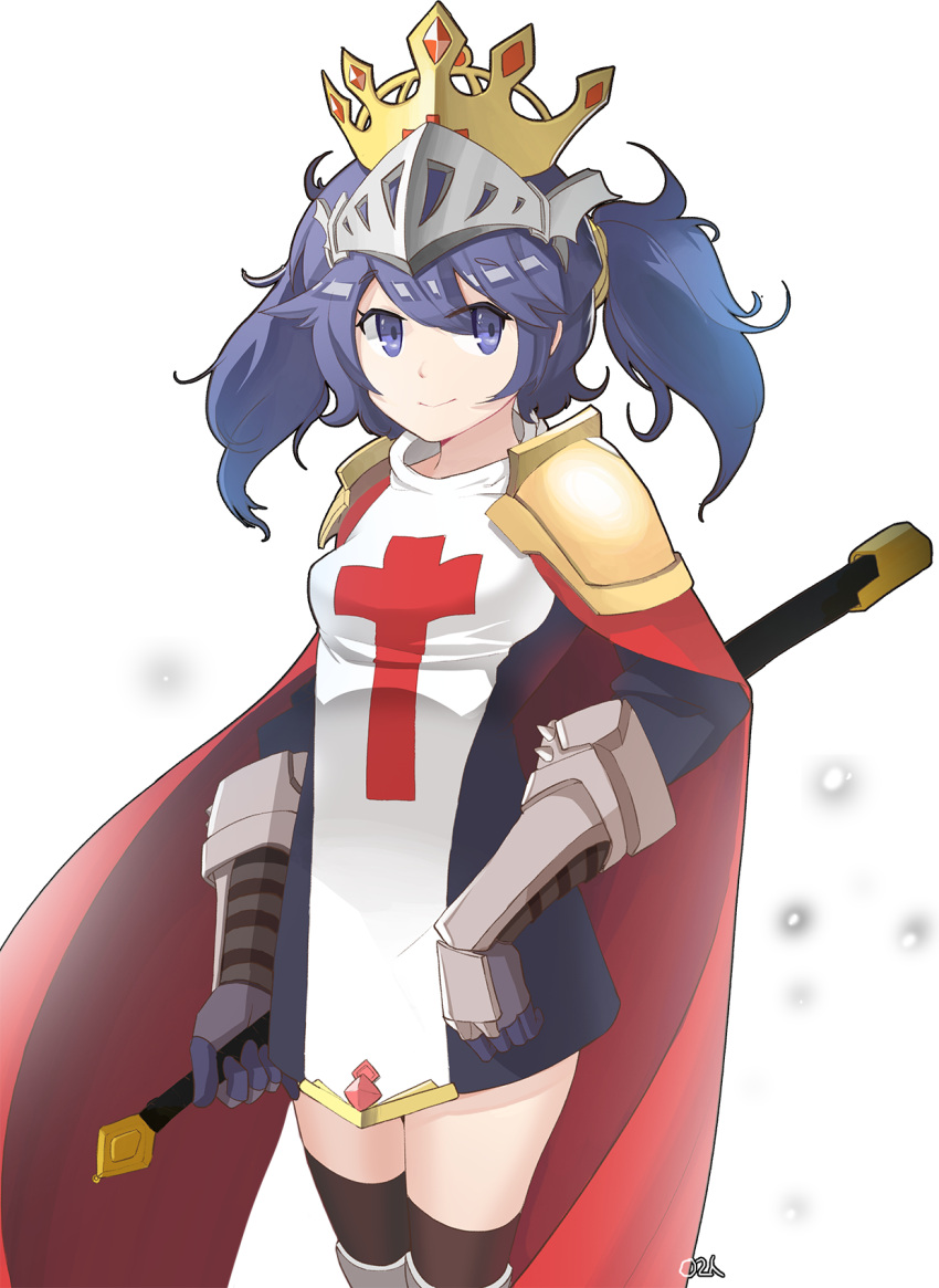 1girl arm_guards armor blue_eyes blue_gloves blue_hair breasts brown_legwear cape closed_mouth cowboy_shot cross cross_print crown crusaders_quest dress eyebrows_visible_through_hair eyes_visible_through_hair gloves hair_between_eyes highres holding holding_weapon kneehighs long_hair looking_at_viewer red_cape shiny shiny_hair shoulder_pads simple_background skirt small_breasts smile solo spikes standing sword thigh-highs twintails visor_(armor) weapon whiskeyred white_background zettai_ryouiki