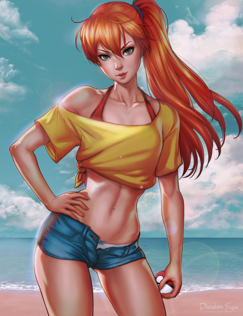 1girl absurdres beach bow bow_panties breasts collarbone contrapposto cowboy_shot dandon_fuga denim denim_shorts gluteal_fold green_eyes halterneck hand_on_hip highres kasumi_(pokemon) lips looking_at_viewer medium_breasts midriff off-shoulder_shirt panties poke_ball pokemon redhead shirt shorts side_ponytail solo tied_shirt underwear white_panties