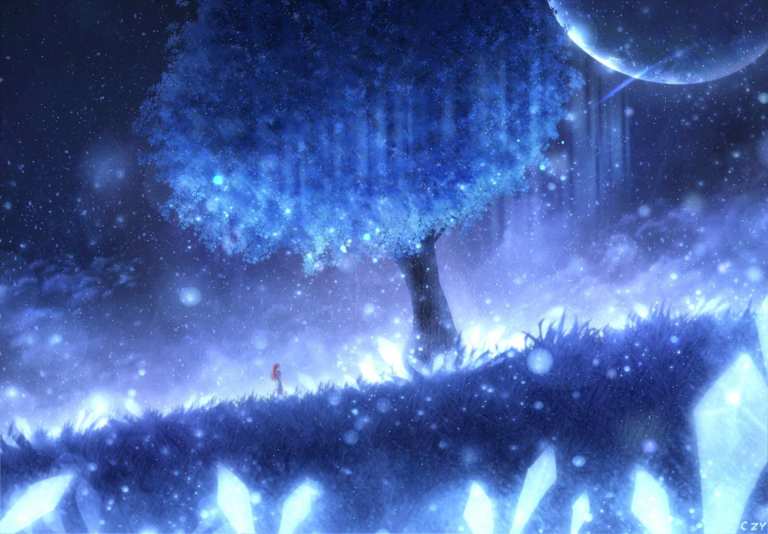 1girl blurry commentary czy_(2894456992) dark dress dutch_angle full_moon grass highres light light_particles long_hair moon night night_sky original redhead scenery signature size_difference sky solo star_(sky) starry_sky tree
