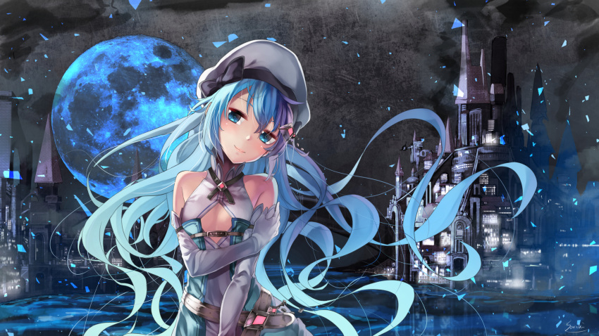 1girl belt beret blue_eyes blue_hair blush breasts castle city_lights cleavage cleavage_cutout covered_navel dark detached_sleeves dress elbow_gloves fantasy floating_hair full_moon gloves hair_ornament hand_on_own_arm hand_up hat head_tilt highres lee-chan_(saraki) light_particles light_smile lips long_hair looking_at_viewer moon night original saraki signature small_breasts solo texture upper_body water