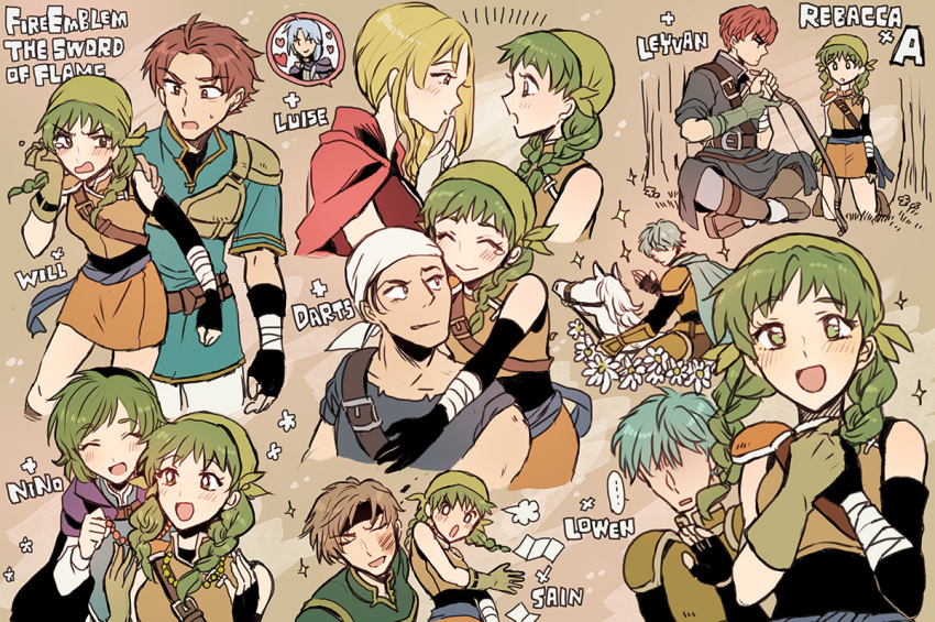 ... 3girls 6+boys aqua_hair armor bandage bandanna bead_necklace beads belt blonde_hair blouse blush boots bow_(weapon) braid brother_and_sister brown_hair cape capelet character_name closed_eyes copyright_name dart_(fire_emblem) face-to-face fingerless_gloves fire_emblem fire_emblem:_rekka_no_ken gloves green_hair hairband heart horse horseback_riding hug hug_from_behind imagining index_finger_raised indian_style jewelry kneeling knight legs_crossed looking_at_another louise lowen_(fire_emblem) multiple_boys multiple_girls multiple_persona necklace nino_(fire_emblem) noshima open_mouth pent profile raven_(fire_emblem) rebecca_(fire_emblem) redhead riding sain shirt short_hair siblings sitting skirt slap_mark slapping smile sparkle spoken_ellipsis spoken_person sweatdrop twin_braids weapon will_(fire_emblem) wrist_guards