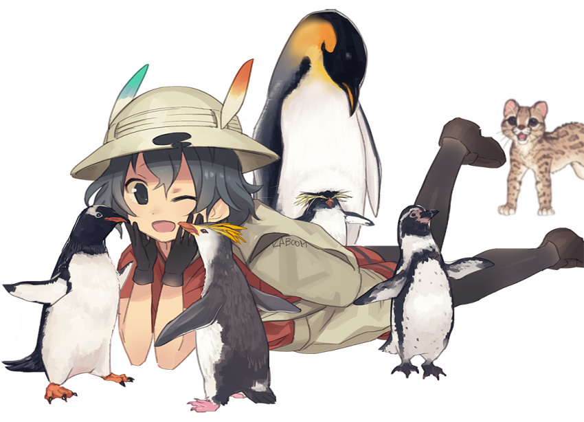 animalization backpack bag black_gloves black_hair bucket_hat emperor_penguin_(kemono_friends) gentoo_penguin_(kemono_friends) gloves hair_between_eyes hat hat_feather humboldt_penguin_(kemono_friends) kab00m_chuck kaban_(kemono_friends) kemono_friends margay_(kemono_friends) red_shirt rockhopper_penguin_(kemono_friends) royal_penguin_(kemono_friends) serval serval_print shirt short_hair shorts wavy_hair white_background