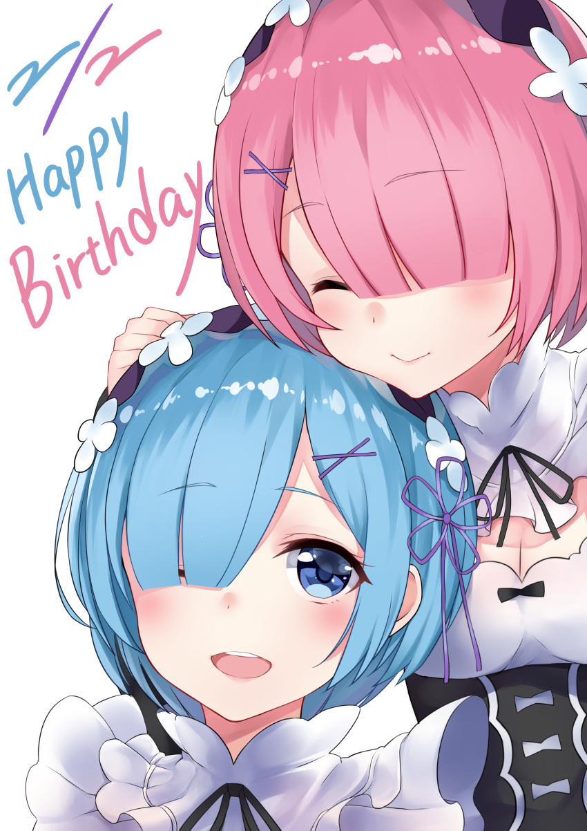 28aarts 2girls absurdres bangs blue_eyes blue_hair blunt_bangs closed_eyes hair_ornament hair_over_one_eye hair_ribbon happy_birthday highres maid maid_headdress multiple_girls one_eye_closed open_mouth pink_hair ram_(re:zero) re:zero_kara_hajimeru_isekai_seikatsu rem_(re:zero) ribbon short_hair siblings sisters smile twins x_hair_ornament