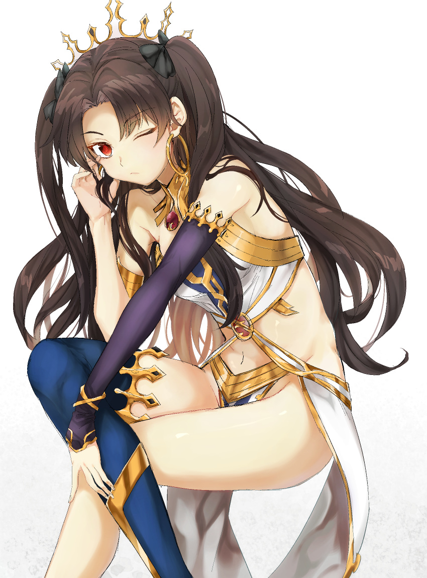 1girl armlet artist_request asymmetrical_legwear asymmetrical_sleeves bangs bare_shoulders black_hair blue_legwear closed_mouth commentary_request crown earrings elbow_gloves eyebrows_visible_through_hair fate/grand_order fate_(series) gloves hair_ribbon highres hoop_earrings ishtar_(fate/grand_order) jewelry long_hair looking_at_viewer navel neck_ring one_eye_closed parted_bangs red_eyes ribbon simple_background single_elbow_glove single_thighhigh solo thigh-highs tohsaka_rin two_side_up white_hair