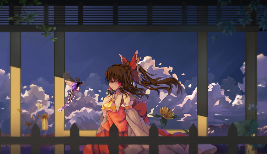 1girl armband ascot bird blue_sky blurry bow clouds day dead_line depth_of_field detached_sleeves expressionless fence frilled_bow frills from_side hair_bow hair_tubes hakurei_reimu hand_up highres long_hair long_ponytail profile red_eyes red_shirt red_skirt shirt skirt sky sleeveless sleeveless_shirt solo touhou upper_body walking wide_sleeves wind