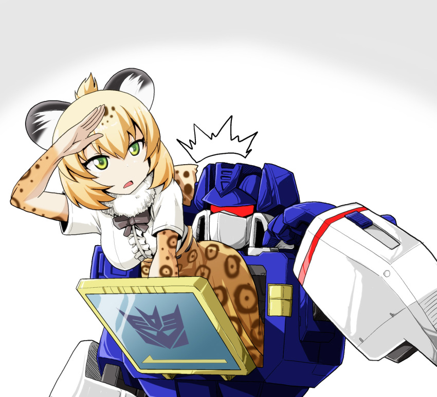 /\/\/\ 1girl all_fours animal_ears black_bow black_bowtie blonde_hair bow bowtie center_frills commentary_request crossover decepticon eyebrows_visible_through_hair green_eyes hair_between_eyes highres jaguar_(kemono_friends) jaguar_ears kamishima_kanon kemono_friends long_skirt looking_away parted_lips shirt short_sleeves skirt soundwave transformers white_shirt