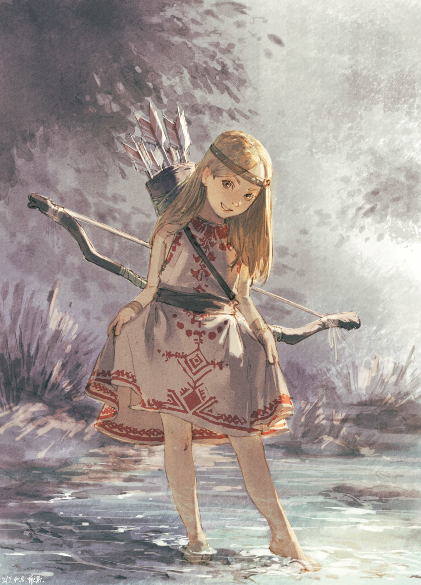 absurdres arrow barefoot blonde_hair bow bow_(weapon) brown_eyes dated dress headband highres original quiver signature skirt_hold smile wading water weapon zennosuke