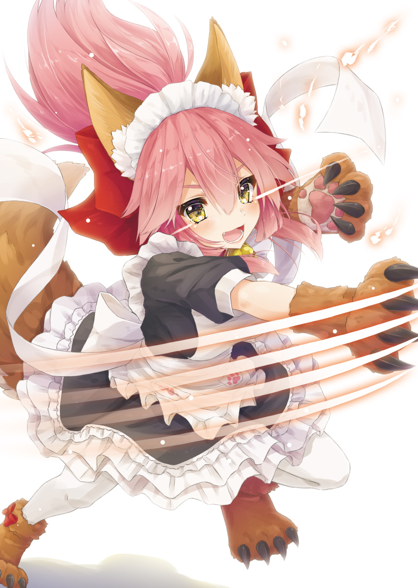 1girl absurdres alternate_costume animal_ears apron bell bell_collar breasts collar enmaided fate/grand_order fate_(series) fox_ears fox_tail hair_ribbon highres hyouta_(yoneya) large_breasts long_hair looking_at_viewer maid maid_apron maid_headdress open_mouth paws pink_hair ribbon simple_background solo tail tamamo_(fate)_(all) tamamo_cat_(fate) white_background yellow_eyes