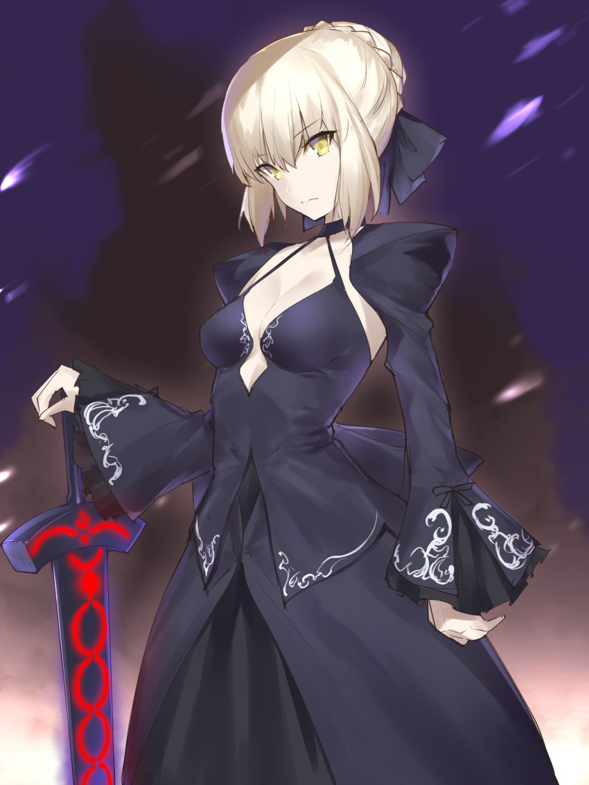 1girl absurdres black_dress blonde_hair braid breasts choker cleavage dark_excalibur dress expressionless eyebrows_visible_through_hair fate/stay_night fate_(series) french_braid hair_bun halterneck hand_on_hilt highres juliet_sleeves long_sleeves looking_at_viewer puffy_sleeves saber saber_alter short_hair small_breasts solo sword weapon yaman_(yamanta_lov) yellow_eyes