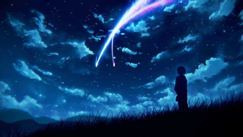 1girl backlighting clouds comet fal grass kimi_no_na_wa miyamizu_mitsuha mountain night night_sky outdoors scenery short_hair silhouette sky solo standing star_(sky) starry_sky