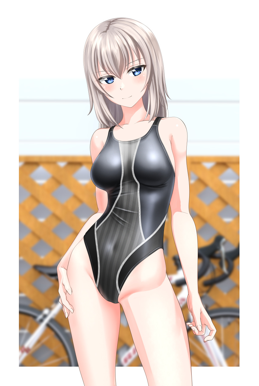 1girl absurdres bangs bicycle black_swimsuit blue_eyes blurry blurry_background breasts competition_swimsuit contrapposto cowboy_shot girls_und_panzer ground_vehicle highres itsumi_erika light_smile looking_at_viewer medium_breasts medium_hair multicolored_clothes multicolored_swimsuit one-piece_swimsuit silver_hair solo standing striped striped_swimsuit swimsuit takafumi