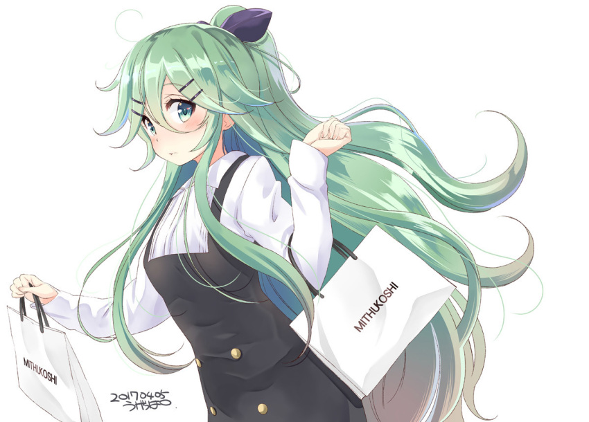 1girl ahoge artist_name bag blouse blush casual closed_mouth dated dress from_side green_eyes green_hair hair_between_eyes hair_flaps hair_ornament hairclip hand_up kantai_collection long_hair long_sleeves looking_at_viewer mitsukoshi_(department_store) pinafore_dress ponytail shopping_bag sidelocks signature simple_background solo ugeppa upper_body very_long_hair white_background white_blouse yamakaze_(kantai_collection)