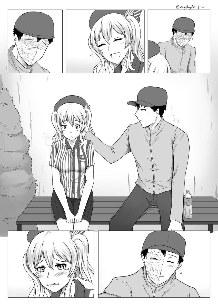 1boy 1girl beret bottle burn_scar comic commentary employee_uniform hand_on_another's_face hat highres kantai_collection kashima_(kantai_collection) lawson robba-san_(wangphing) scar smile tearing_up tears twintails uniform wangphing