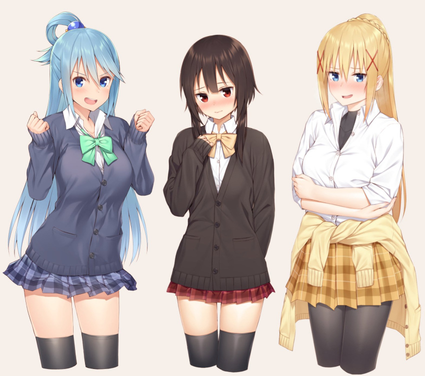 3girls alternate_costume aqua_(konosuba) beige_background black_hair black_legwear blonde_hair blouse blue_eyes blue_hair blue_skirt blush bodystocking bow bowtie breasts buttons cardigan casual checkered checkered_skirt clothes_around_waist commentary commentary_request contemporary cowboy_shot cropped_legs darkness_(konosuba) dress_shirt green_bow green_bowtie hair_between_eyes hair_ornament hair_rings highres kono_subarashii_sekai_ni_shukufuku_wo! large_breasts long_hair looking_at_viewer megumin mikazuchi_zeus miniskirt multiple_girls open_mouth pantyhose plaid plaid_skirt pleated_skirt pocket ponytail red_eyes school_uniform shirt simple_background skirt sleeves_past_wrists solo sweater sweater_around_waist thigh-highs very_long_hair white_blouse white_shirt x_hair_ornament yellow_bow yellow_bowtie yellow_skirt yellow_sweater