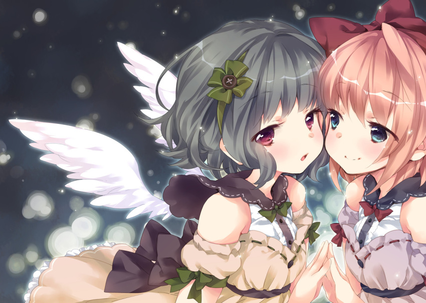 2girls :o bare_shoulders black_hair blonde_hair blue_eyes blush bow cover cover_page dated dress ech green_hair hair_bow hair_ornament hairband hands_together looking_at_another looking_at_viewer multiple_girls nose open_mouth original pink_hair red_eyes short_hair smile steepled_fingers white_wings wings