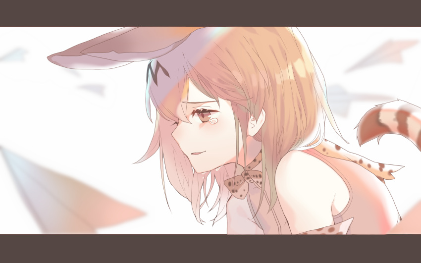 1girl animal_ears bare_shoulders blonde_hair elbow_gloves flying gloves haekwon1023 highres kemono_friends letterboxed paper_airplane parted_lips profile serval_(kemono_friends) serval_ears serval_print serval_tail simple_background solo tail tears