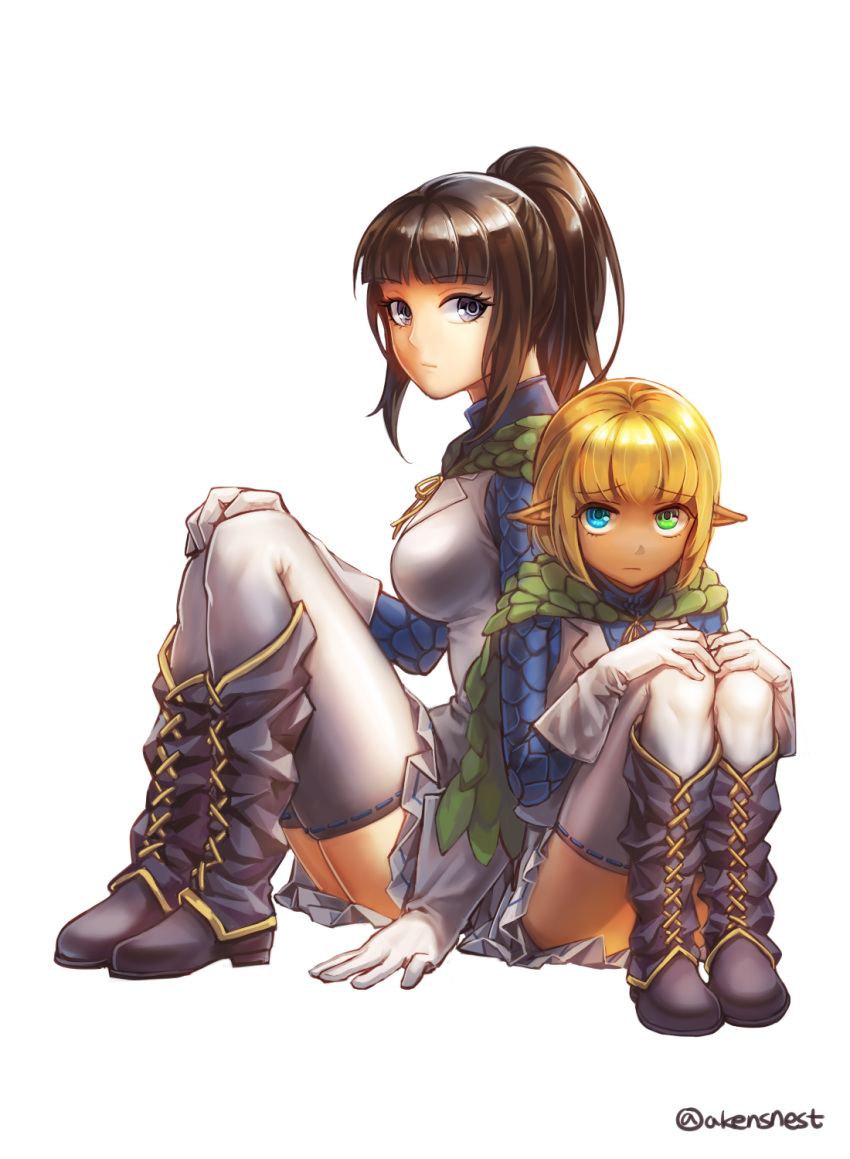 1boy 1girl aken black_eyes blue_eyes boots brown_hair cape cosplay crossdressinging dark_skin elf full_body gloves green_eyes heterochromia highres looking_at_viewer mare_bello_fiore mare_bello_fiore_(cosplay) narberal_gamma overlord_(maruyama) pointy_ears ponytail revision short_hair simple_background sitting skirt thigh-highs twintails twitter_username white_background white_gloves