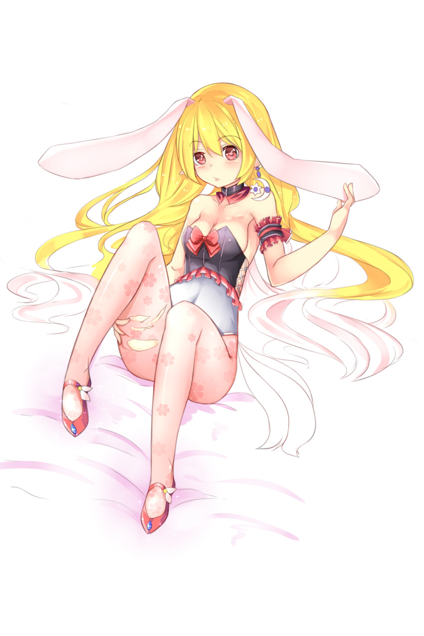 1girl animal_ears armband bare_shoulders bed blonde_hair blush bow breasts cleavage corset crescent crescent_earrings detached_collar earrings floral_print frilled_armband gradient_hair highres jewelry knee_up leotard lips long_hair looking_at_viewer mary_janes mashimaro_(pixiv3247613) medium_breasts multicolored_hair on_bed original pantyhose pink_legwear pointy_ears rabbit_ears red_bow red_eyes red_shoes shoe_flower shoes simple_background single_earring sitting solo star-shaped_pupils symbol-shaped_pupils torn_clothes torn_pantyhose touching_ears very_long_hair white_background