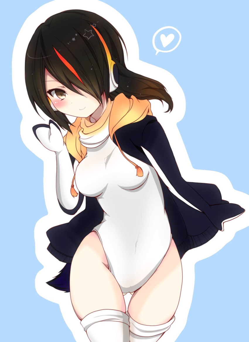 1girl black_hair black_jacket brown_eyes covered_navel emperor_penguin_(kemono_friends) hair_over_one_eye headphones highleg highleg_leotard highres jacket kemono_friends leotard long_hair looking_at_viewer merle multicolored_hair open_clothes smile solo thigh-highs waving white_legwear white_leotard