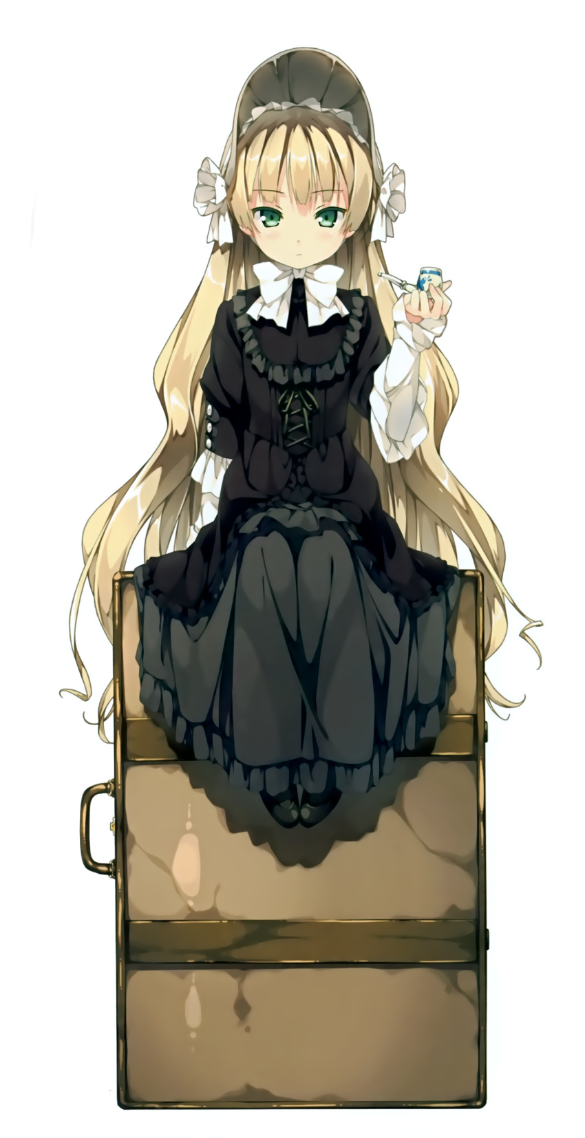 1girl :| absurdres bangs black_dress black_footwear black_shoes blonde_hair blunt_bangs bonnet buttons closed_mouth cross-laced_clothes dot_nose dress expressionless eyebrows_visible_through_hair fingernails frilled_dress frills full_body gosick gothic_lolita green_eyes highres holding holding_pipe kantoku lolita_fashion long_hair long_sleeves looking_at_viewer neck_ribbon pipe ribbon shadow shiny shiny_hair shoes simple_background sitting solo source_request suitcase tsurime very_long_hair victorica_de_blois wavy_hair white_background white_ribbon