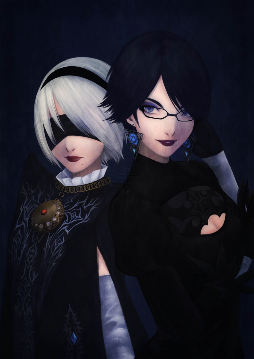 2girls absurdres bayonetta bayonetta_(character) bayonetta_2 black_hair blindfold breasts cleavage cleavage_cutout company_connection cosplay costume_switch crossover dark_background eyeshadow glasses hairband highres lipstick looking_at_viewer makeup medium_breasts mole mole_under_mouth multiple_girls nier_(series) nier_automata parted_lips platinumgames_inc. rifaen short_hair silver_hair smile upper_body yorha_no._2_type_b