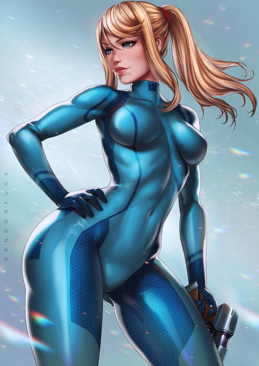 1girl absurdres artist_name bangs blonde_hair blue_bodysuit blue_eyes bodysuit breasts dandon_fuga gun hand_on_hip high_ponytail highres holding holding_weapon jpeg_artifacts lips lipstick long_hair looking_away makeup medium_breasts metroid mole mole_under_mouth ponytail samus_aran shiny shiny_clothes simple_background skin_tight smile solo weapon zero_suit