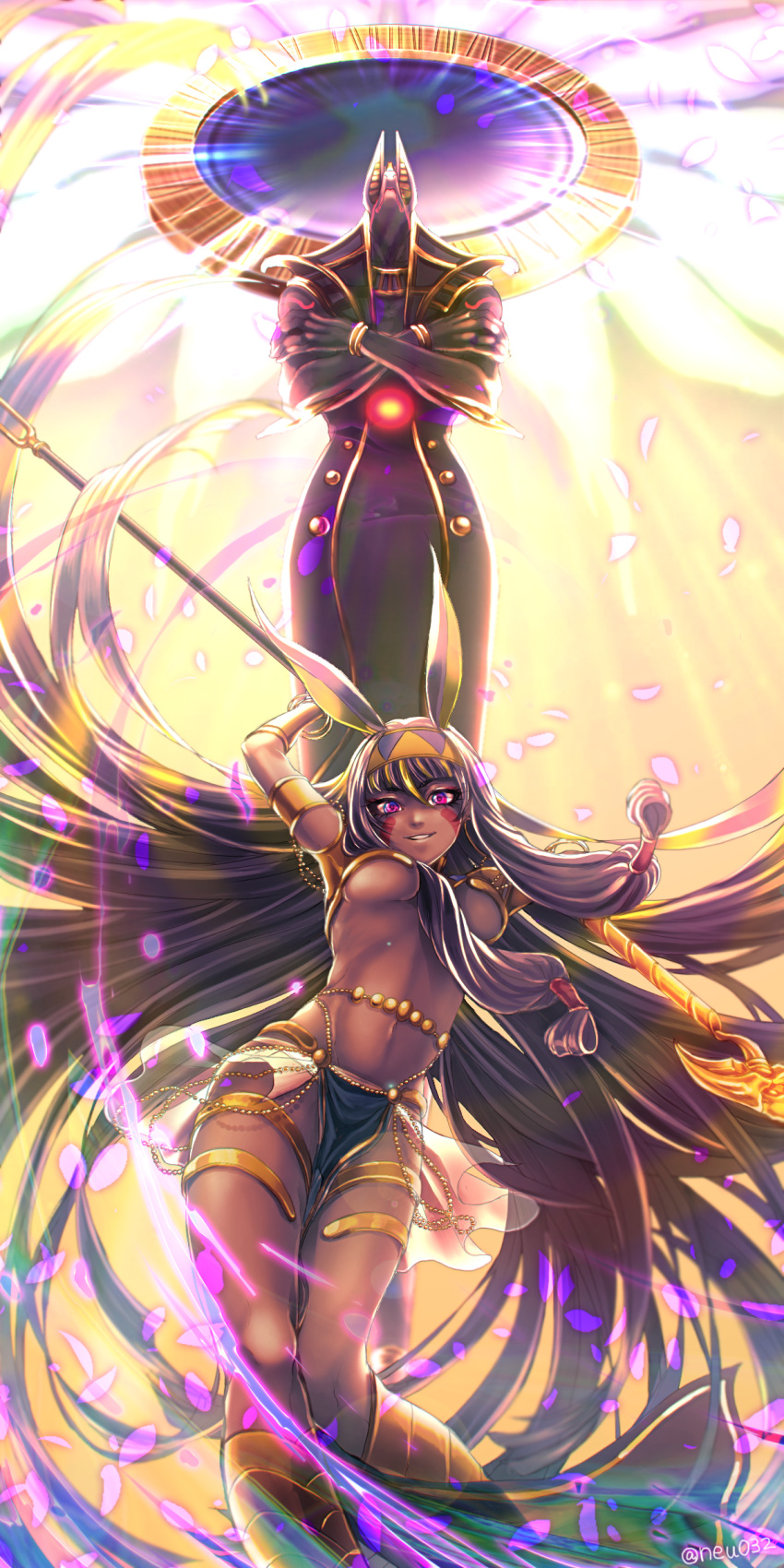 1girl :d absurdly_long_hair absurdres anklet anubis armlet armor arms_up backlighting bangle bangs between_breasts bracelet breasts collarbone crossed_arms dark_skin earrings egyptian egyptian_clothes eyebrows_visible_through_hair facepaint facial_mark fate/grand_order fate_(series) foreshortening from_below glint glowing hair_between_breasts hair_between_eyes hair_rings hairband highres holding holding_staff hoop_earrings jewelry knees_together_feet_apart loincloth long_hair looking_at_viewer looking_down low-tied_long_hair medium_breasts multicolored multicolored_hair navel nitocris_(fate/grand_order) open_mouth pelvic_curtain petals purple_hair revealing_clothes see-through shin_guards showgirl_skirt smile staff stomach teeth thigh_strap thighlet tsurime twitter_username two-tone_hair two-tone_hairband under_boob very_long_hair violet_eyes yasui_(neu032) yellow_eyes