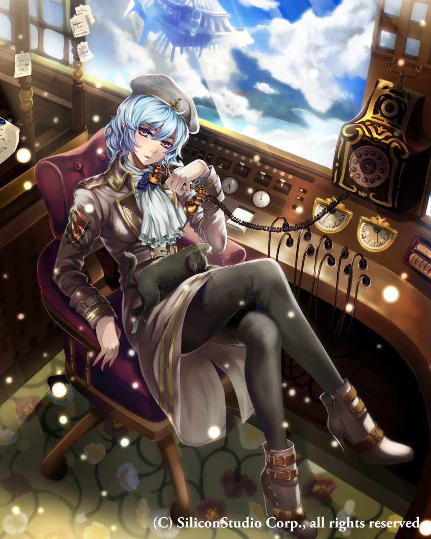 1girl blue_hair boots chair clouds company_name curly_hair day full_body gyakushuu_no_fantasica hat high_heel_boots high_heels highres military military_uniform official_art open_mouth pantyhose phone rinneroll sitting sky solo uniform violet_eyes window
