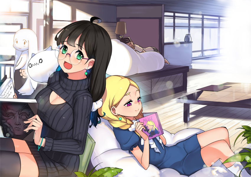 1boy 2girls :d ahoge black_hair blonde_hair book bracelet closed_mouth creature day dress glasses green_eyes highres holding holding_book indoors jewelry long_hair looking_at_viewer meme_attire multiple_girls open-chest_sweater open_book open_mouth original red_eyes revision rumo short_hair sitting sleeping smile sweater thigh-highs turtleneck