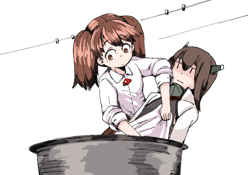 2girls bangs brown_eyes brown_hair bucket cleaning closed_mouth clothes_pin clothesline collar collared_shirt enjaku_izuku eyebrows_visible_through_hair flat_chest headband headgear highres kantai_collection long_sleeves looking_down magatama multiple_girls no_headwear ryuujou_(kantai_collection) shaded_face shiny shiny_hair shirt simple_background sleeves_past_elbows sleeves_pushed_up sleeves_rolled_up solid_oval_eyes taihou_(kantai_collection) tareme twintails unamused white_background white_shirt wing_collar