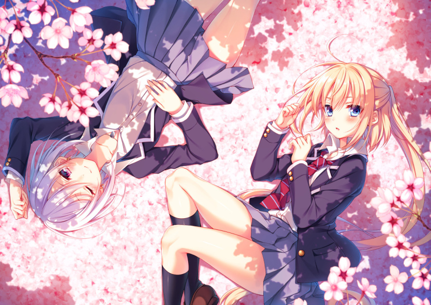 2girls ;) ahoge arm_up bangs black_legwear blazer blouse blue_skirt blush brown_shoes cherry_blossoms closed_mouth collarbone dutch_angle flower_bed hair_between_eyes half_updo hand_on_own_stomach hands_up jacket kneehighs light_smile loafers long_hair looking_at_viewer lying multiple_girls necktie on_back on_side one_eye_closed open_blazer open_clothes open_jacket original parted_lips pink_eyes pleated_skirt ponytail red_necktie rotational_symmetry school_uniform shade shoes sidelocks skirt smile striped striped_necktie thighs toosaka_asagi upside-down very_long_hair white_blouse white_hair