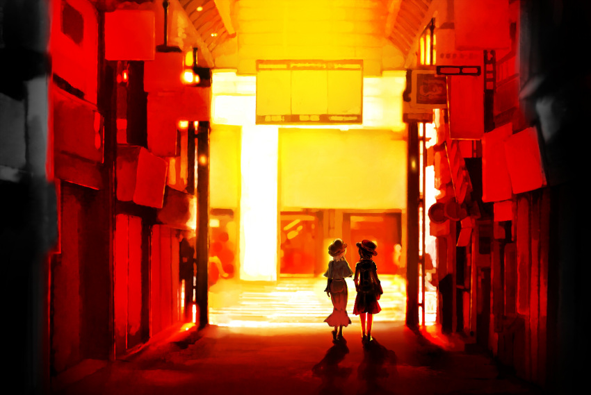 2girls alley arm_at_side arms_at_sides bag blonde_hair brown_hair building capelet city dress from_behind hand_to_own_mouth hat maribel_hearn mob_cap multiple_girls outdoors red road scenery short_hair shoulder_bag standing street sunset touhou usami_renko yoshioka_yoshiko