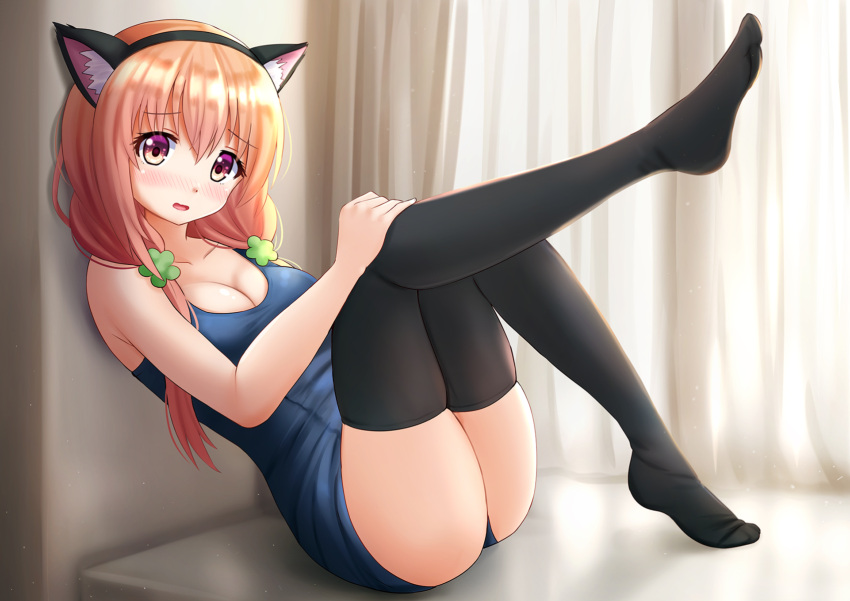 1girl animal_ears bangs black_legwear blush breasts cat_ears cleavage collarbone curtains eyebrows_visible_through_hair fake_animal_ears feet hair_over_shoulder hairband hand_on_own_knee highres hinako_note kazenokaze knees_up long_hair looking_at_viewer low_twintails medium_breasts no_shoes nose_blush open_mouth orange_hair sakuragi_hinako school_swimsuit sitting solo swimsuit thigh-highs twintails wavy_mouth windowsill
