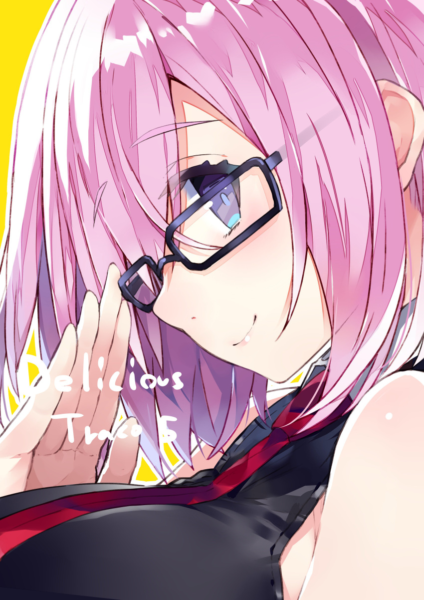 1girl absurdres alternate_eye_color bangs black-framed_eyewear blue_eyes blush breasts close-up closed_mouth eyebrows_visible_through_hair fate/grand_order fate_(series) from_side hair_over_one_eye highres kou_mashiro large_breasts looking_at_viewer necktie outline pink_hair red_necktie shielder_(fate/grand_order) short_hair simple_background sleeveless smile solo upper_body yellow_background