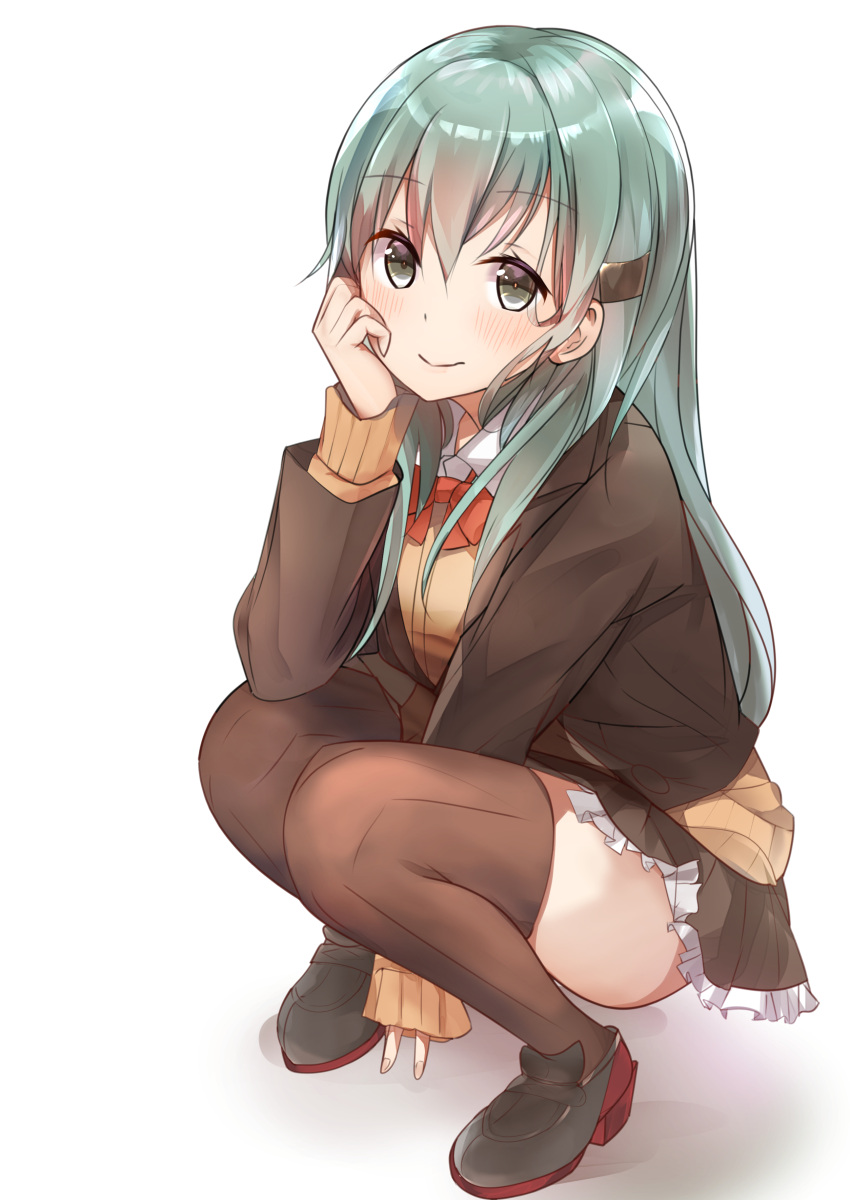 1girl absurdres aqua_eyes aqua_hair between_legs blazer blush bow bowtie brown_legwear chin_rest closed_mouth collared_shirt frilled_skirt frills green_eyes green_hair hair_between_eyes hair_ornament hair_over_shoulder hairclip hand_between_legs highres jacket kantai_collection loafers long_hair looking_at_viewer natsu_(sinker8c) pleated_skirt remodel_(kantai_collection) school_uniform shadow shirt shoes simple_background skirt smile solo squatting suzuya_(kantai_collection) thigh-highs white_background zettai_ryouiki