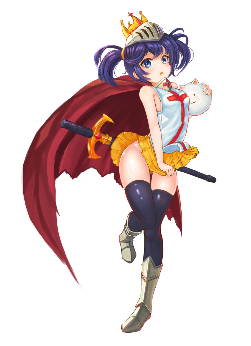 1girl 2drr :3 :o absurdres angora_rabbit animal armor armored_boots bangs bare_arms bare_shoulders black_legwear blue_eyes blue_hair blush blush_stickers boots breasts cape cross cross_print crown crusaders_quest full_body groin helmet highres holding holding_animal knee_boots kneehighs leg_up looking_at_viewer miniskirt open_mouth pleated_skirt rabbit red_cape shiny shiny_clothes shiny_skin simple_background skirt skirt_tug sleeveless small_breasts solid_circle_eyes standing standing_on_one_leg sword teardrop thigh_gap twintails upskirt visor_(armor) weapon white_background yellow_skirt