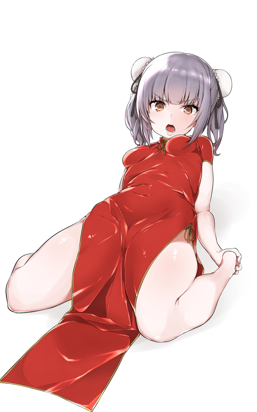 &gt;:o 1girl :o alternate_costume alternate_hairstyle bangs bare_legs barefoot breasts brown_eyes bun_cover china_dress chinese_clothes covered_navel double_bun dress eyebrows_visible_through_hair foreshortening full_body hair_ribbon highres kantai_collection kasumi_(kantai_collection) lips looking_at_viewer lying mitsudoue open_mouth red_dress ribbon side_slit silver_hair simple_background small_breasts solo thighs twintails white_background