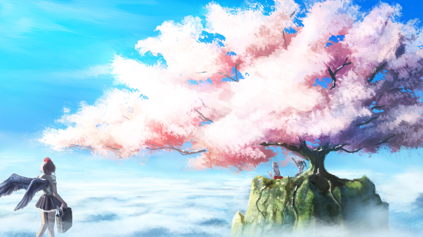 3girls above_clouds animal_ears bag black_hair black_skirt black_wings blue_sky carrying_bag cherry_blossoms clouds day feathered_wings from_behind hat highres himekaidou_hatate inubashiri_momiji kneepits looking_at_another multiple_girls purple_skirt red_skirt roots seiza shameimaru_aya shirt short_hair sitting skirt sky taku_(munokoro) thighs tokin_hat touhou tree twintails waving white_shirt wings wolf_ears